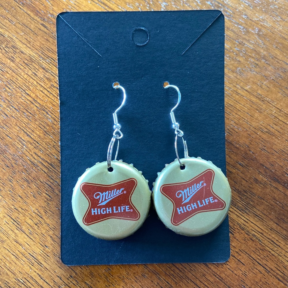 Miller High Life bottle cap dangle earrings